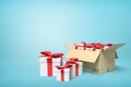 3d rendering of gift boxes in carton box on blue background.