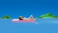 Girl floating, sunbathing, lying on rubber circle in sea on summer holiday