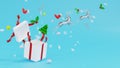 3d rendering 2 glass reindeer jump from White giftbox with red ribbon and snowflakes on blue background