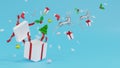 3d rendering 2 glass reindeer jump from White giftbox with red ribbon and snowflakes on blue background