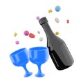 3d rendering glasses and wine with hearts around icon. 3d render valentine day symbol icon. Glasses and wine with hearts