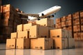 3D rendering of a global air shipping business depicted by a stack of brown boxes