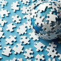 3d rendering of globe and puzzle pieces on blue background, global business concept Royalty Free Stock Photo