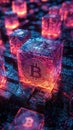 3D rendering of glowing Bitcoin cubes in a digital blockchain network Royalty Free Stock Photo
