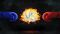 3d rendering of glowing blast with concrete letters VS stands between a red and a blue boxing glove.