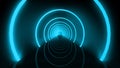 3d rendering. glowing blue beam light circular rings tunnel hole wall background.