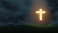 3D Rendering of glowing golden cross on grass hill with dramatic ray lights from sky.