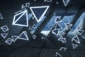 3d rendering, glowing magic triangles in abandoned room, dark background