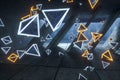 3d rendering, glowing magic triangles in abandoned room, dark background