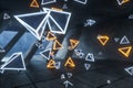 3d rendering, glowing magic triangles in abandoned room, dark background