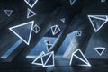 3d rendering, glowing magic triangles in abandoned room, dark background