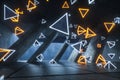 3d rendering, glowing magic triangles in abandoned room, dark background
