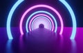 3d rendering of glowing neon ring and dark blue-purple background. Cyber Futuristic High Speed light zoom. Circles show fashion. Royalty Free Stock Photo