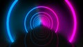 3d rendering. glowing violet and blue beam light circular rings tunnel hole wall background.
