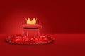 3d rendering of a gold crown on a red royal pillow lying on a small table which stands on a red dias on red background.