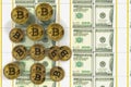 3d rendering. gold crypto currency bitcoin stack and US dollar banknote background
