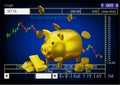 3d rendering gold dollar coins and money jar pig gold with Trading dashboard Chart Stock Market Blurred Background