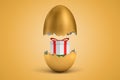 3d rendering of gold egg cracked in two, lower half with beautiful gift box on green grass inside, upper half in air, on