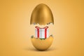 3d rendering of gold egg cracked in two, lower half with beautiful gift box on green grass inside, upper half in air, on Royalty Free Stock Photo