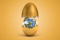 3d rendering of gold egg cracked in two, lower half with green grass inside, upper half in air, with little Earth globe