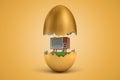 3d rendering of gold egg cracked in two, upper half levitating in air, retro TV set standing on green grass inside lower Royalty Free Stock Photo