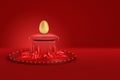 3d rendering of a gold egg on a red royal pillow lying on a small table which stands on a red dias on red background.