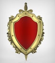 3d rendering gold shield, a sword and oak wreath