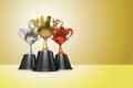 3D rendering gold, silver and bronze awards winners cup sitting