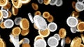 3D rendering of gold silver cryptocurrency coins falling on black background, emphasizing digital financial assets