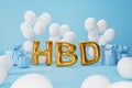 3d rendering. gold text HBD, blue gift box and white balloons, composition on blue background. design for birthday