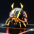 3d rendering of a golden beetle in a dark space with neon lights Generative AI