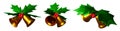 3d rendering of Golden Christmas metal bells with holly red berries and Green Fir Tree Branches isolated on white Background.