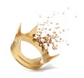 3d rendering of golden crown starting to dissolve in particles on white background.