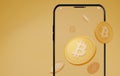 3D rendering of golden cryptocurrency coin on Mobile on glod background. Blockchain cryptocurrency digital currency concept.