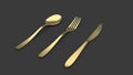 3d rendering of golden cutlery on a black background. Knife, spoon and fork Royalty Free Stock Photo