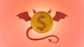 3D rendering of a Golden dollar coin symbol looking like a devil, sign and character concept