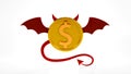 3D rendering of a Golden dollar coin symbol looking like a devil, sign and character concept