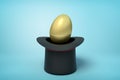3d rendering of golden egg in black top hat which is standing upside down on light-blue background. Royalty Free Stock Photo