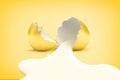3d rendering of a golden egg broken in half with white liquid flowing out of it on a yellow background. Royalty Free Stock Photo