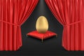 3d rendering of a golden egg on a red royal pillow on a black background with red stage curtains on both sides.