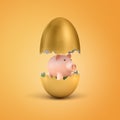 3d rendering of a golden egg shell broken into halves with a cute pink piggy bank inside. Royalty Free Stock Photo