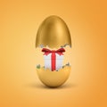 3d rendering of a golden egg shell broken into halves with a white gift box tied with a red ribbon inside. Royalty Free Stock Photo