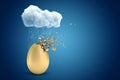 3d rendering of golden egg starting to dissolve in pieces, under raining cloud on blue background with copy space.