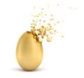 3d rendering of golden egg starting to slightly dissolve into particles on white background.