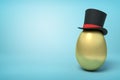 3d rendering of golden egg wearing black tophat standing on the right with much copy space on the rest of light blue