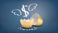 3d rendering of a golden eggshell broken in half with a winged dollar sign flying out of it on a blue background.