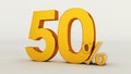 3D rendering of a golden fifty percent on a white background.