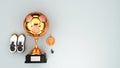 3D Rendering Of Golden Football Trophy Cup With Medal Badge, Whistle, Sports Shoe And Copy Space On Gray