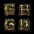 Golden gothic style font alphabet - letters E-H