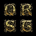 Golden gothic style font alphabet - letters Q-T